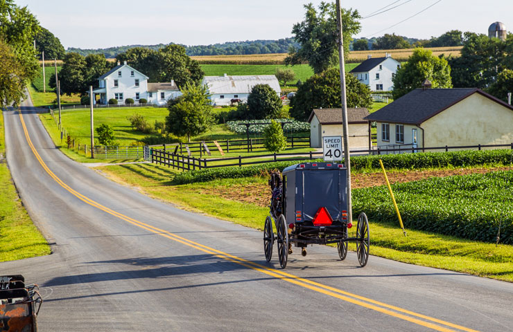 Amish buggy går ner väg-i-landsbygd Pennsylvania 