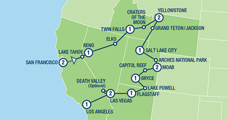 karta för resan Nordamerikas Nationalparker, USA