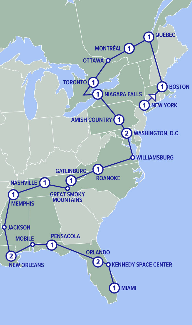 Karta för resa Storslagna Östkusten, USA och Kanada